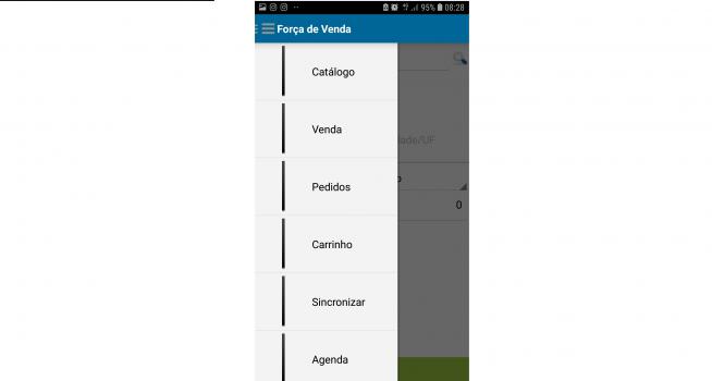 Menu principal do app BlueFocus Força de Vendas com opções: Consultar Catálogo, Efetuar Venda, Consultar Pedidos, Ver o Carrinho, Sincronizar com Retaguarda e Agenda de Visitas